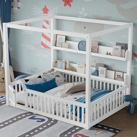 Polibi Full Size Montessori Floor Bed with Guardrails, Low Profile Solid Wood Canopy Frame with Built-in Shelves, No Box Spring Needed, for Kids & Teens, White