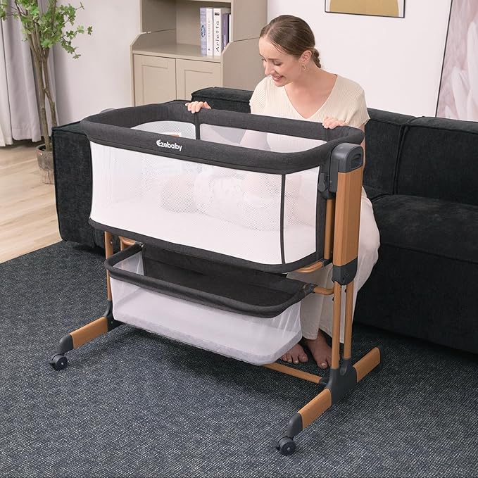 Ezebaby 3-in-1 Baby Bassinet, Rocking Baby Bassinets Bedside Sleeper, Adjustable Portable Crib for Newborn Infant with Wheels Storage Basket and Mesh Sides