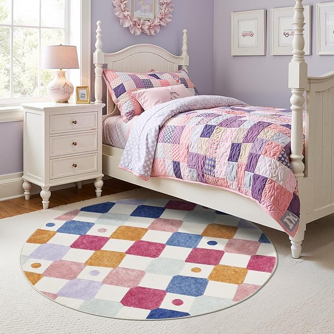 jinchan Macy Round Rug 5ft Kids Washable Rug Indoor Floor Cover Non-Slip Soft Elementary School Classroom Modern Colorful Diamond Carpet for Nursery Daycare Playroom Living Room Berries on Cream