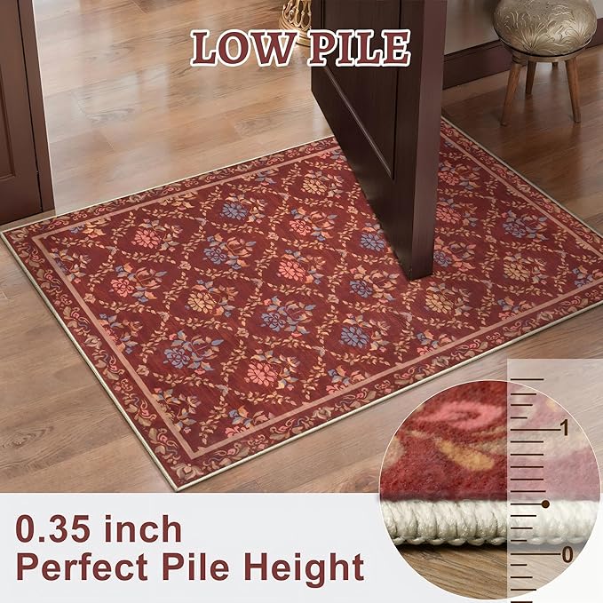 Tangsoo 5x7 Washable Area Rug, Non Slip Moroccan Trellis Red Floral Indoor Rug, Soft Low Pile Floor Carpet for Living Room, Bedroom, Dining Room, Pet & Child Friendly Room Decor, Easy to Clean