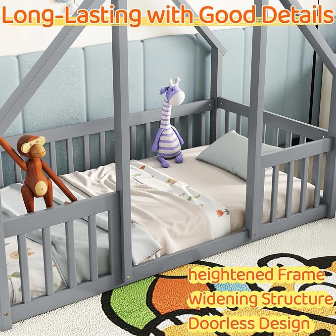 Casaphoria Twin Size House-Shaped Montessori Bedframe, Solid Pine Wood Kids Bed Frame, Toddler Floor Bed with Door & Fence for 1-3 Years Old Kids, Grey