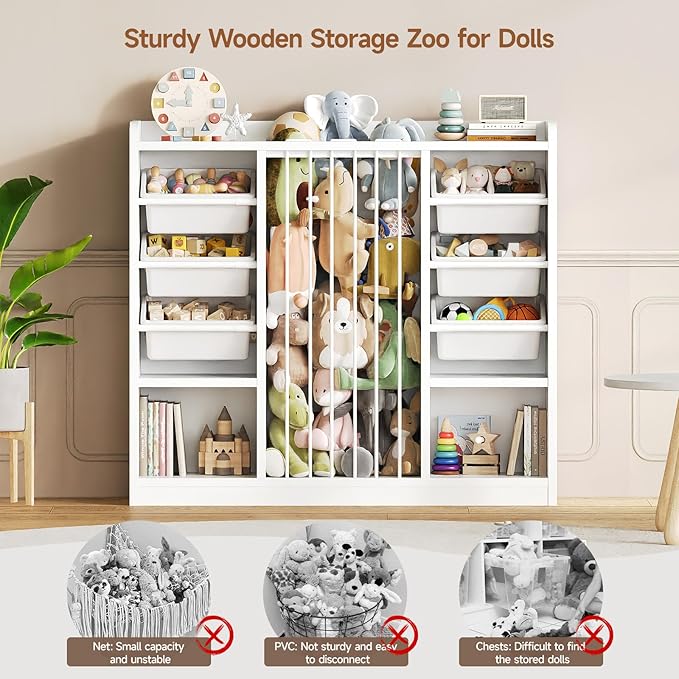 ONBRILL Toy Storage Organizer with 6 Removable Plastic Bins, Toddler Stuffed Animal Storage, Toy Box Cabinet with 2 Open Cubbies, Book Shelf for Kids Room Playroom Bedroom Nursery (White)