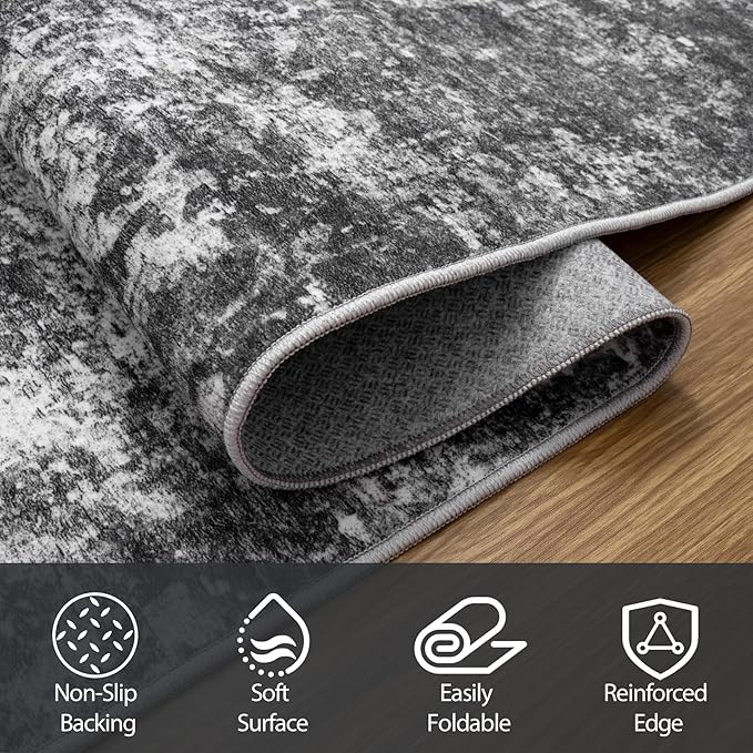 Runner Rug for Hallways Kitchen 2'6"x8' Washable Non Slip: Carpet Non Skid 8ft Entryway Rubber Backed 8 Feet Neutral Abstract Modern Rug Low Pile Pet Friendly Indoor Black Grey