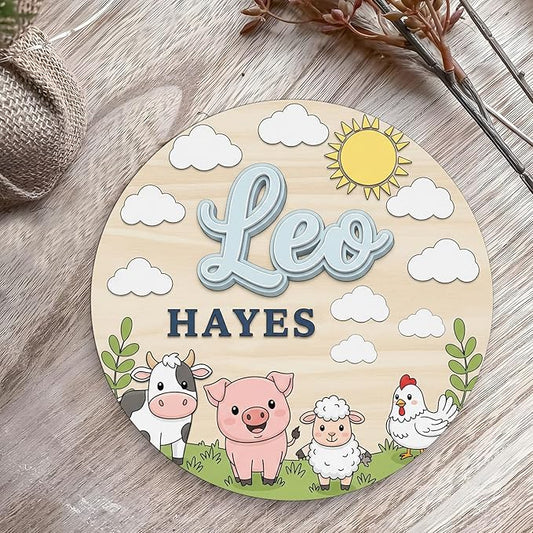 Farm Animal Wooden Name Sign for Wall – Personalized Wooden Door Plaque with Cow, Pig, Sheep, and Chicken, Custom Nursery Name Wall Decor for Boys or Girls Bedroom
