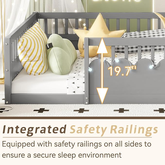 Full Toddler Floor Bed with High Rails, Wooden Montessori Bed Frame with Light and Storage Shelf, Full Size Bed Frame for Kids, Boys and Girls, Grey