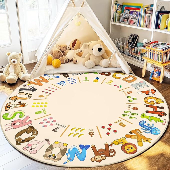 Kids Rugs for Playroom, 4'x4' Round Educational Rug for Learn The ABC Alphabet, Soft Machine Washable Non-Slip Cute Animal Carpet for Classroom Toddler Nursery Kids Room Decor Mat, Beige