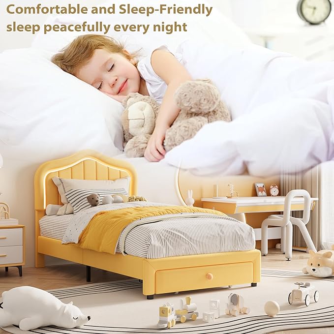 Twin Upholstered Bed Frame with Storage Drawer and Smart Led Headboard, Twin Size Platform Bed Frames for Kids, Wooden Slats Support, No Box Spring Needed, Easy Assembly, Yellow