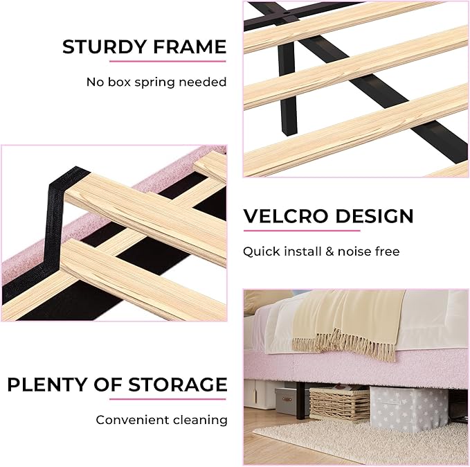 FULL Upholstered LED Bed Frame with Storage Drawers Girls Bed with flower Headboard Boucle Princess Platform Bed Frame for Kids/Girls Strong Wood Slat Support,No Box Spring Needed,Easy Assembly