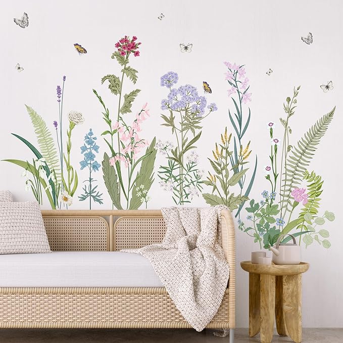 SHUCHING Colorful Wildflower Wall Decals Peel and Stick, Vinyl Olive Green Grass Wall Sticker, Wall Decor Art Home Decor for Living Room Girl Bedroom