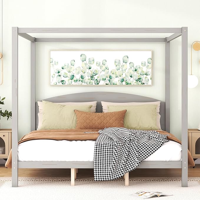 King Size Canopy Platform Bed with Headboard and Support Legs,Bedroom Wood Bed Frame W/Space Saving,No Box Spring Required,for Girl Boy Kid,Adults,Grey Wash