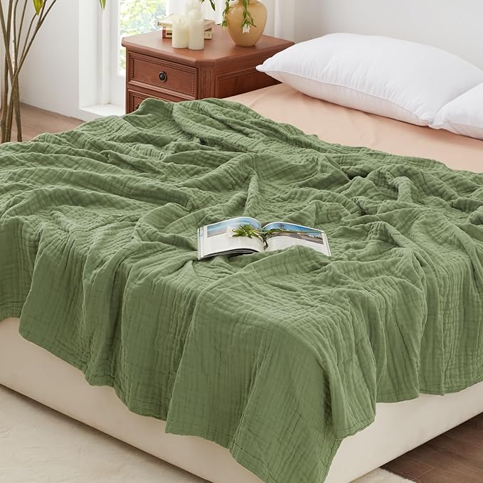 Love's cabin 6 Layer 100% Cotton Muslin Blanket, 108"x90" Muslin King Size Blanket for Bed Couch, Lightweight and Breathable Cotton Gauze for Adult, Sage Green