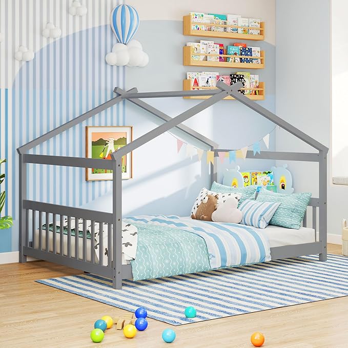 Giantex Full Size Floor Bed, Solid Wood Montessori House Bed with Roof, Headboard and Footboard, Low Full Bed Frame for Kids Teens Girls Boys, No Box Spring Needed, Grey