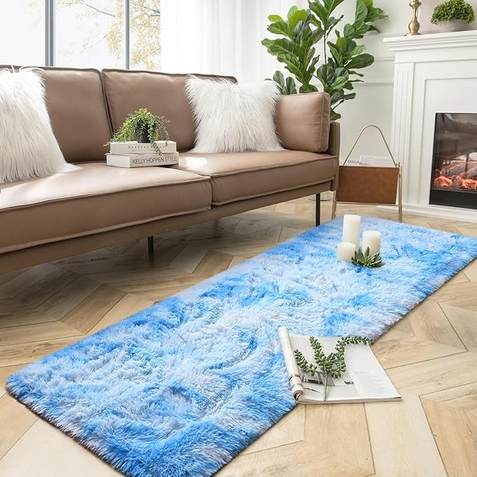 DweIke Fluffy Blue Runner Rugs for Bedroom, 2x6 Feet Soft Plush Long Light SkyBlue Runners for Girls Boys Kids, Non-Slip and Machine Washable Bedside Rug, Small Throw Carpet for Hallway Rooms Decor