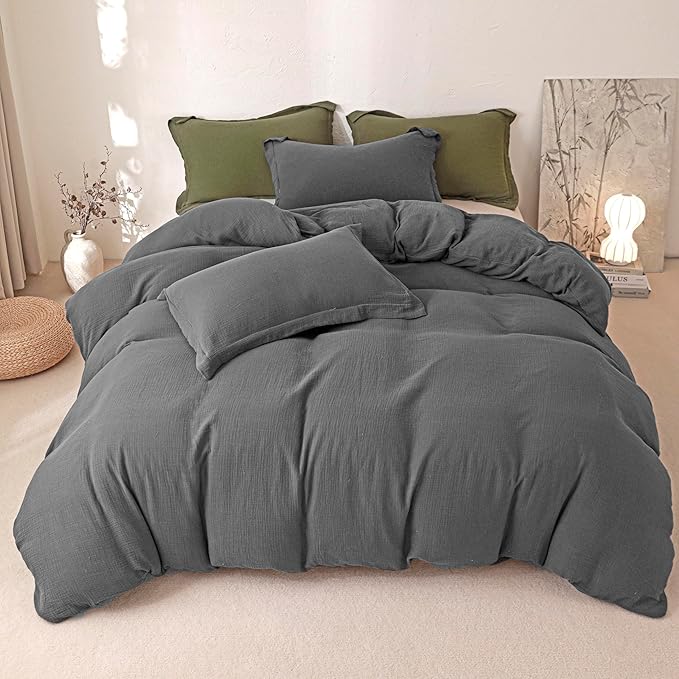 MorroMorn Muslin Duvet Cover Queen Size, 100% Breathable Cotton Comforter Cover Sets, Ultra Soft 2-Layer Gauze Duvet Cover Set 3 PCS with 2 Pillowcases, Lightweight Linen Like, 90"x90", Dark Grey