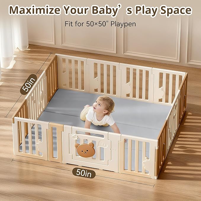 Baby Play Mat, 48 x 48 Inch Foldable PU Leather Waterproof Playpen Mat, 1.6" Extra Thick Foam Floor Mat for Infants and Toddlers, Non-slip Toddler Activity Playmat Cushion