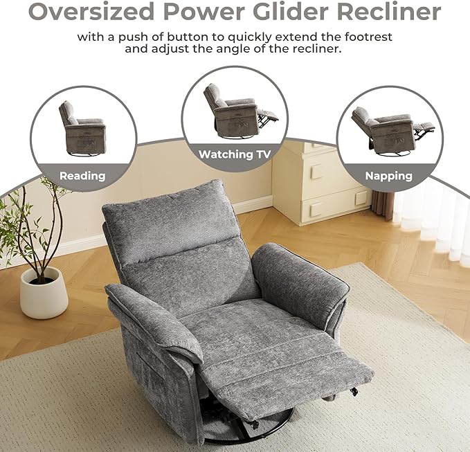 Oversized Power Recliner Chair Swivel Glider with Massage and Heat, Rocker Nursery Recliner for Adults with Adjustable Headrest, 26" Extra Wide Nursery Chair with Overstuffed Armrest, Dark Grey