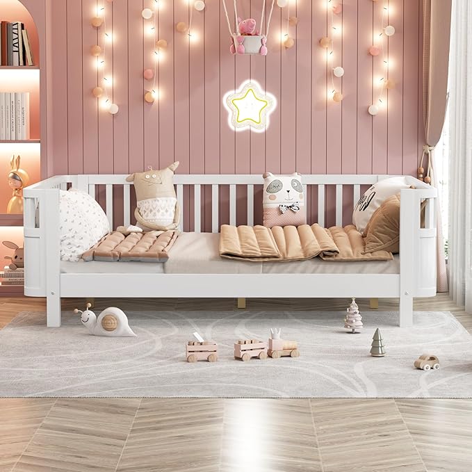 Ball & Cast Twin Size Toddler Bed W/LED Light,Metal Bed W/Linen Fabric Upholstered Storage Headboard,Platform Bed Frame W/Safety Guardrails & Low Profile Design,for Boys Girls,Black