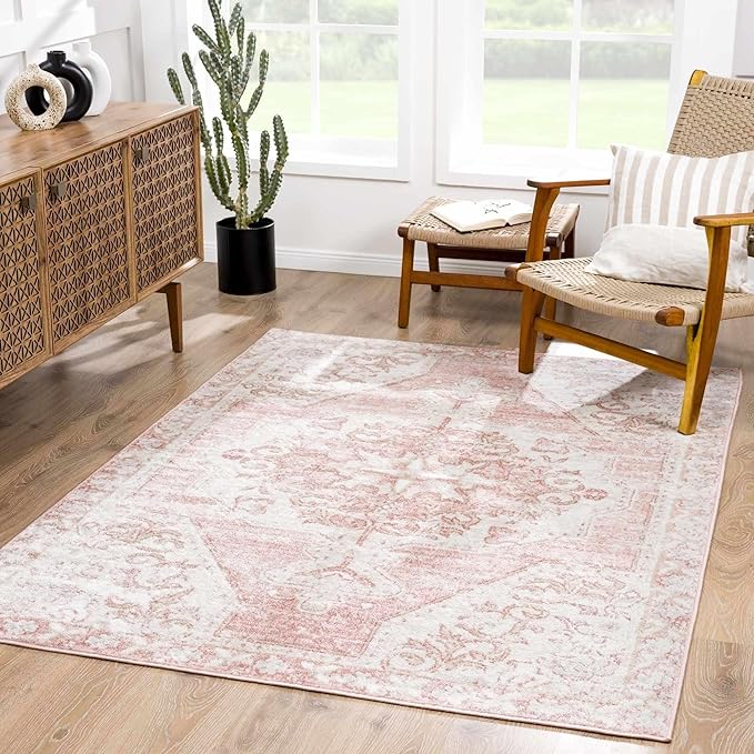 BoutiqueRugs Blush & Light Pink Collection Snead Bohemian Oriental Medallion Area Rug - Traditional Floral Carpet for Living Room, Bedroom - Blush, Pale Pink, Cream - 3'11" x 5'7"