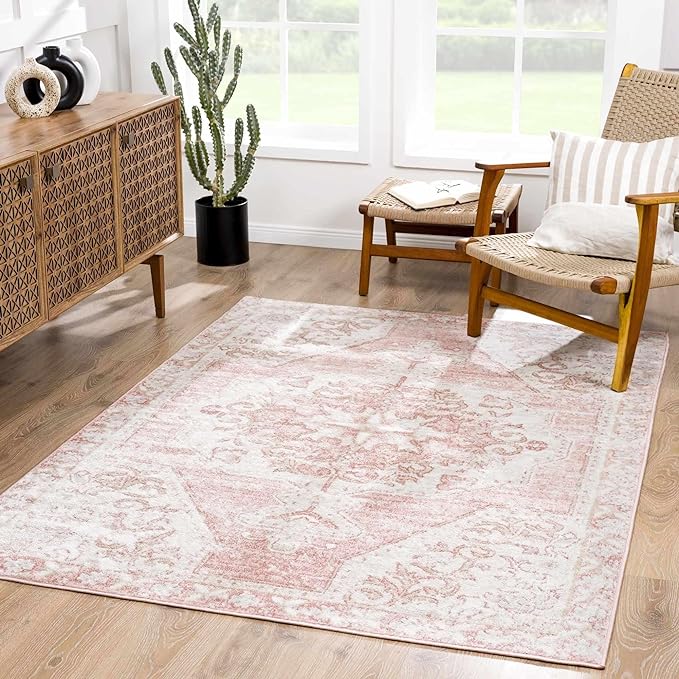 BoutiqueRugs Blush & Light Pink Collection Snead Bohemian Oriental Medallion Runner Rug - Traditional Floral Carpet for Hallway, Kitchen - Blush, Pale Pink, Cream - 2'7" x 10' Runner