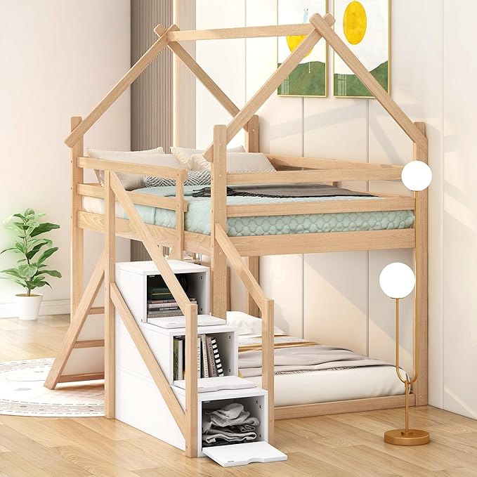 Flieks Twin Over Twin House Loft or Bunk Bed Frame for Boys Girls Kids Adults Toddler with Slide and Staircase, Natural