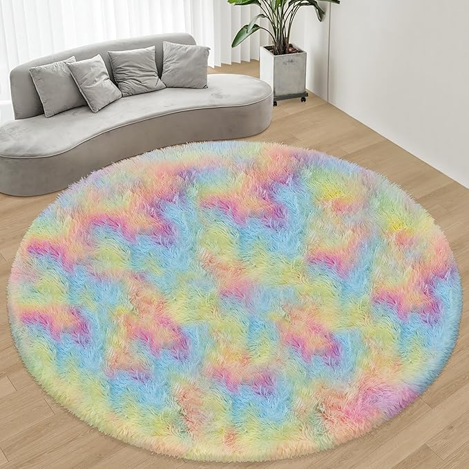 Rainbow Fluffy Round Rug 8Ft for Girls Bedroom, Colorful Soft Shaggy Circular Rug Plush Fluffy Circle Carpet Fuzzy for Nursery Baby Toddler Room Playroom Dorm Iving Room Home Decor