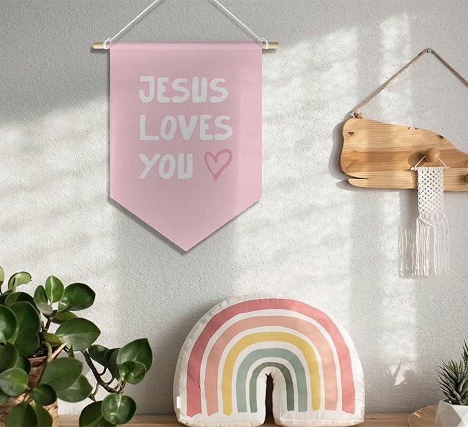 Pink Christian Wall Art for Kids Baby Girl Nursery Classroom Toddler Room Bedroom, Kid Bible Verse Wall Decor Banner Hanging Pennant, Jesus Loves You, 15x11in