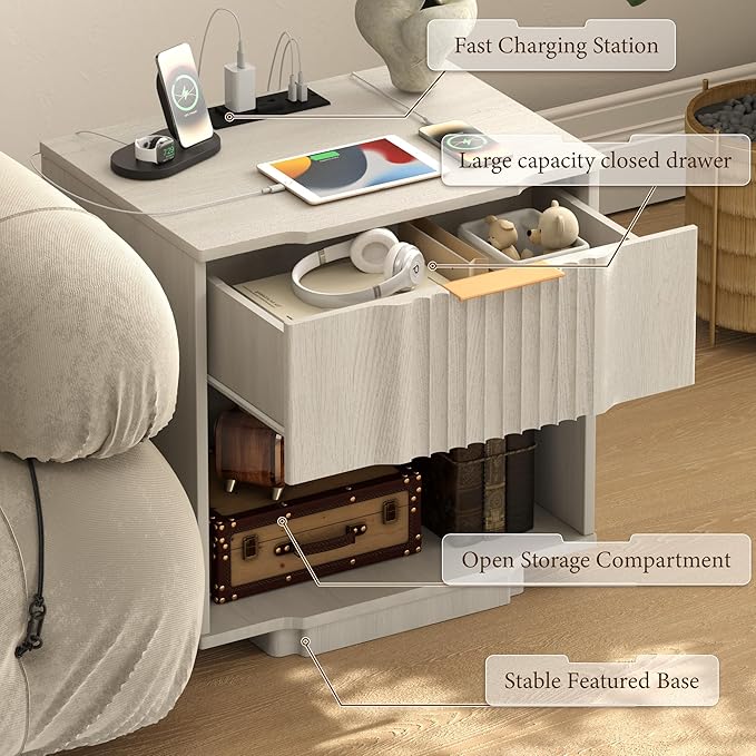 XIAO WEI End Table with Charging Station, 20W Fast Charger Fluted Side Table, Sofa Table with Drawer and Open Shelf,End Table for Living Room,White