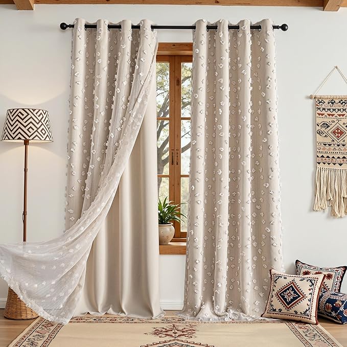 MYSKY HOME Beige Curtains for Girls Bedroom 84 Inches Long Blackout Nursery Curtains Double Layer Beige Pom Pom Sheer Overlay for Toddler Room Grommet Privacy Room Darkening Window Drapes 52" x 84"