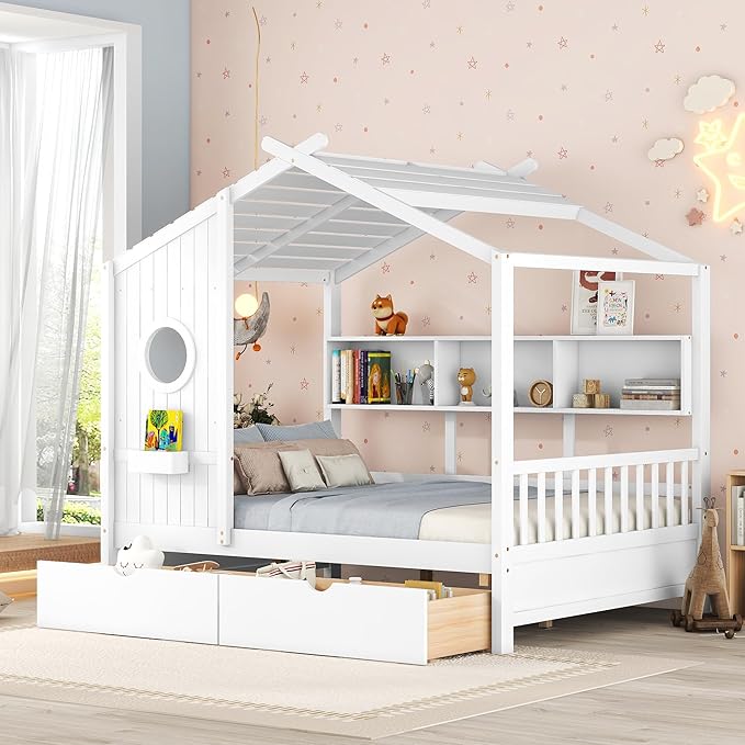 Full Size Wooden House Bed with 2 Drawers, Modern Design Kids Bed Frame with Storage Shelf for Kids Teens Adults, Wood Slat Support, No Box Spring Needed, Easy Assembly (White)
