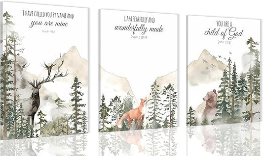 3pcs Framed Forest Animals Bible Verse Wall Art Misty Forest Deer Bear Fox Paintings Canvas Prints Poster Inspirational Quotes Pictures Wall Decor for Home Bedroom Nursery Baby Room Playroom Decor