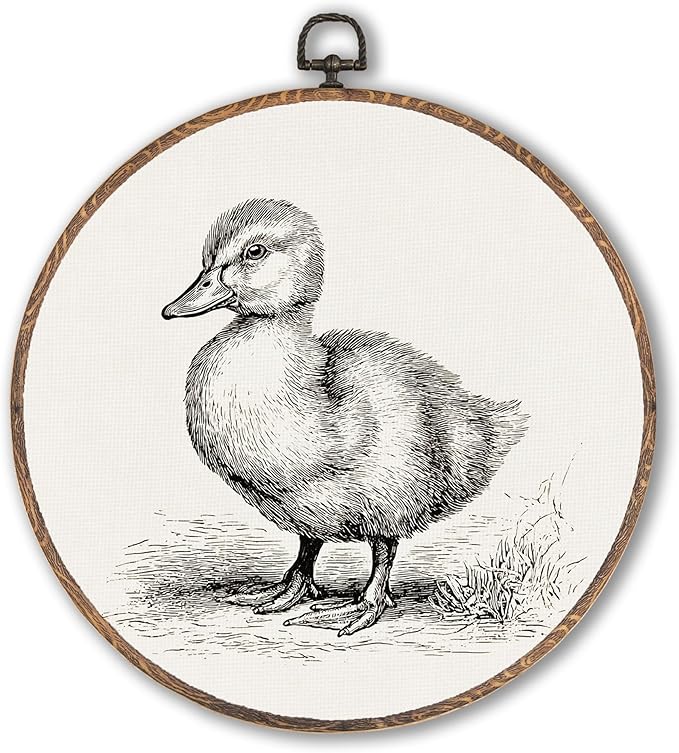 Vintage Duck Round Wall Art Framed, Cottagecore Duck Round Wall Decor, Retro Animal Farmhouse Hanging Canvas Prints Wall Sculptures for Home Living Room Nursery Decor, 10x10 Inch
