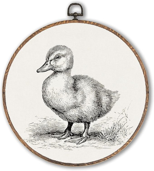 Vintage Duck Round Wall Art Framed, Cottagecore Duck Round Wall Decor, Retro Animal Farmhouse Hanging Canvas Prints Wall Sculptures for Home Living Room Nursery Decor, 10x10 Inch