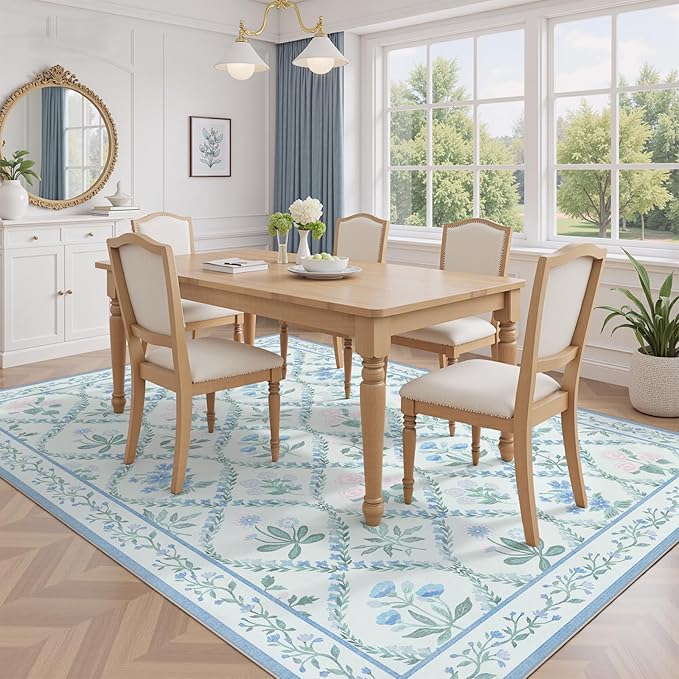 Washable Area Rug 6x9, Boho Blue Floral Rugs for Living Room Bedroom,Soft Ultra-Thin Cute Carpet Non Slip for Girls Room Entryway Playroom Dining Room Home Office,Blue Multi