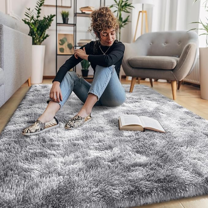 EVOIONOS Area Rug for Bedroom Living Room, Machine Washable 4x6 Fluffy Shag Rug, Soft Plush Non Slip Carpet for Indoor Floor Bedside Nursery Kids Room, Dorm, Home Decor Aesthetic, Tie-Dyed Light Grey