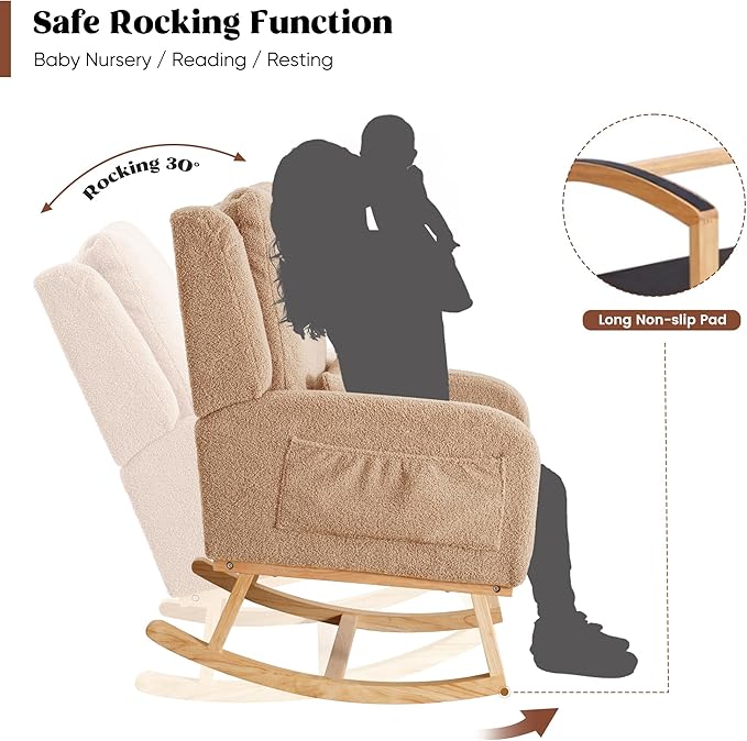 Rocking Chair Nursery, Nursing Rocking Chairs, Upholstered Nursery Glider Rocker Wingback Morden Rocking Chair with Lumbar Pillow for Mom Nursery, Living Room, Bedroom, Teddy Khaki