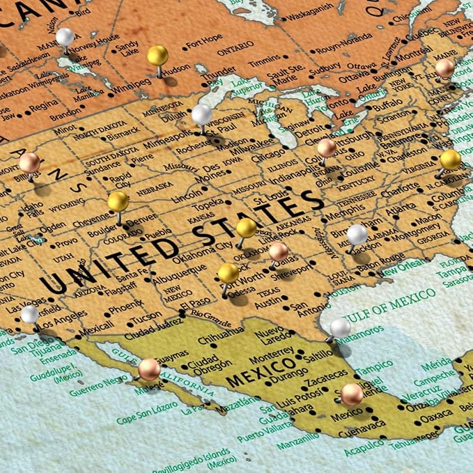 ElephantStock - Personalized Wanderer Push Pin World Map Wall Art - Horizontal Canvas Wall Art - Living Room Wall Decor - Digital Art Map Canvas Art - Orange And Blue Decor - 12" x 8"