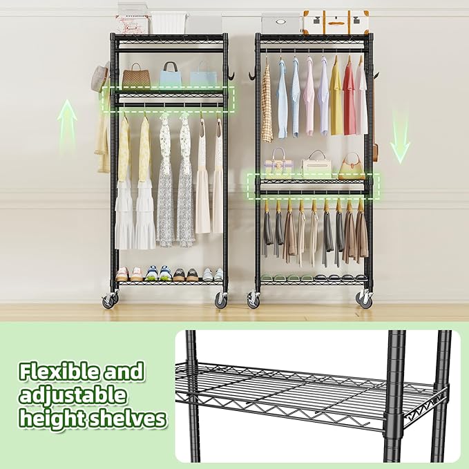 Portable Closet, Heavy Duty Clothes Rack on Wheels, Wardrobe Closet for Hanging Clothes, 77 Inch Tall Clothing Rack with Adjustable Mesh Shelves and Hanging Rails, Black