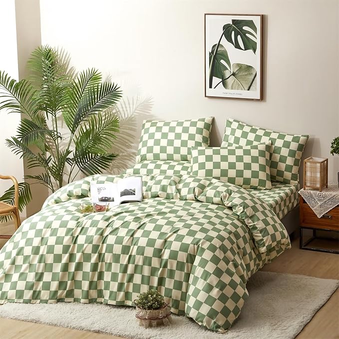 Houseri Plaid Green and White Duvet Cover Queen Size for Girls Boys - Sage Green Grid Buffalo Checkered Bedding Set - Full/Queen Light Green and Beige