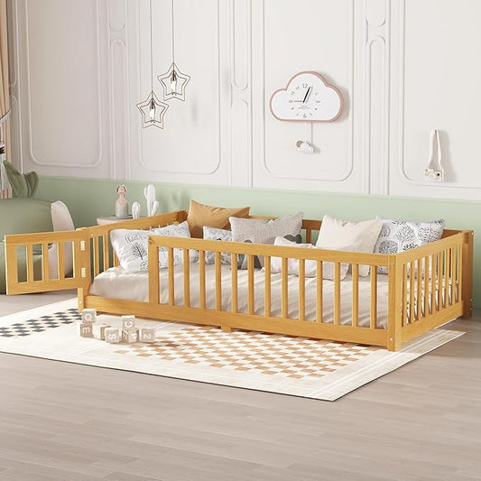 Harper & Bright Designs Twin Floor Bed Frame with Safety High Fence, Wood Montessori Bed with Door, Twin Size Floor Beds with Solid Wood Support Slats for Boys, Girls, Kids, Natural