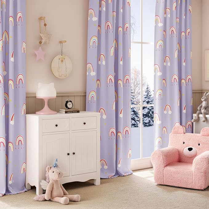 jinchan Nursery Blackout Curtains for Kids Room Rainbow Purple Curtains Cute Girls Bedroom Dorm Playroom Window Treatment Grommet Thermal Insulated Room Darkening 2 Panels 63 Inch Length