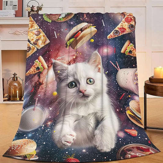 Cat Blanket Space Galaxy Throw Blanket Pizza Burger Flannel Stuff Animals Merch Cozy Decor Fleece Plush Fuzzy Warm Soft Lightweight Bedding Cats Lover Gifts for Men Women Girl Boy Couch 80"X60"
