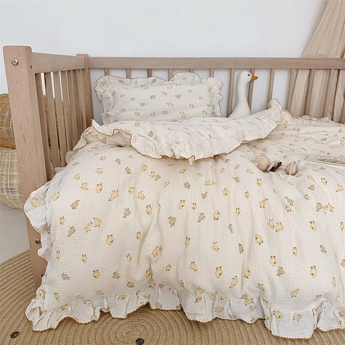 AOJIM Kids Muslin Cotton Duvet Cover with Little Yellow Duck, 1pc Super Soft Toddler Comforter Cover 2-layer Gauze, Ruffled Design Kids Duvet Protector for Girls Boys (59X79''), No Quilt or Pillowcase