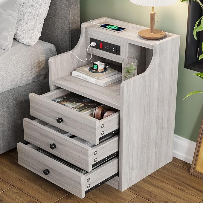 ADORNEVE Nightstand with Charging Station, Night Stand with Hutch & Storage Drawers, End Table Side Table Bedroom,Grey