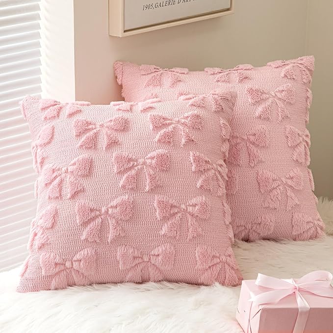 MIULEE Pink Bow Pillow Covers Coquette Room Decor Aesthetic Set of 2 Decorative Cute Girl Christmas Throw Pillow Soft Plush Faux Pillowcase for Girl Bed Couch Sofa,20x20 Inch