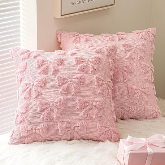 MIULEE Pink Bow Pillow Covers Coquette Room Decor Aesthetic Set of 2 Decorative Cute Girl Christmas Throw Pillow Soft Plush Faux Pillowcase for Girl Bed Couch Sofa,24x24 Inch