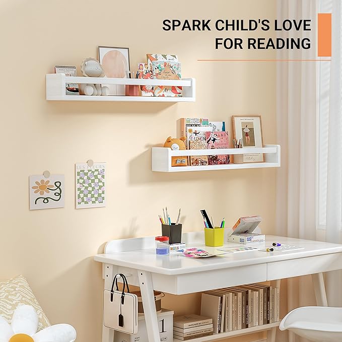Heimlove 24 Inch Nursery Floating Shelves, Solid Wood Nursery Book Shelves for Wall, Bookshelf for Kid Room, Books,Toys and Decor Storage, Set of 2 (White)