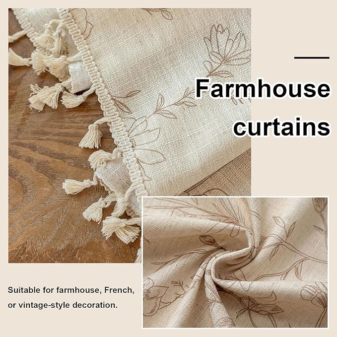 OYX Boho Curtains, Floral Curtains Beige with Garden Birds, Farmhouse Birds Drapes 96 Inches Length Semi Sheer, Rod Pocket Vintage French Country Window Curtain Set 2 Panels for Kitchen, Bedrooms