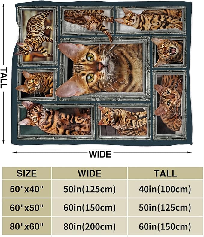 Jerkboo Bengal Cat Blanket, Multicolor, Flannel, Throw Blanket, 80"x60", Soft, Warm, Cute Cat Throw Blanket for Girls, Women, Kids, Adults