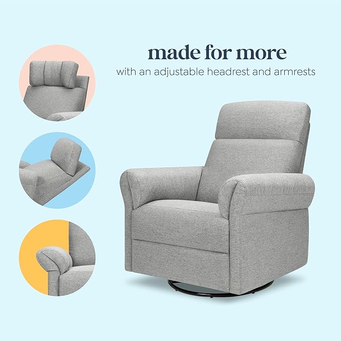 Davinci Suzy Flex Nursery Recliner and Swivel Glider with Adjustable Headrest and Armrests, High Pillowback in Frost Grey | GREENGUARD Gold, FSC, CertiPUR-US® Certified