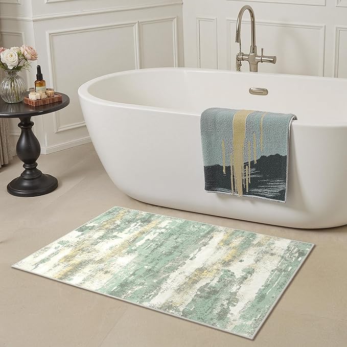 GENIMO 2x3 Rugs for Entryway, Washable Bathroom Kitchen Rugs Non Slip, Modern Abstract Soft Small Area Rug Indoor, Low Pile Throw Carpet, Light Green